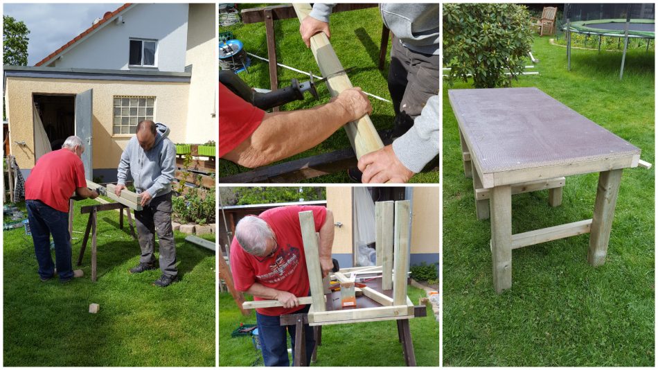 Der Tisch für die spätere Matschküche wird gebaut