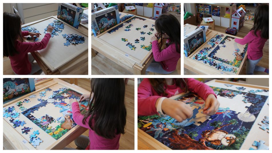 Lena puzzelt ein Ravensburger Einhorn-Puzzle