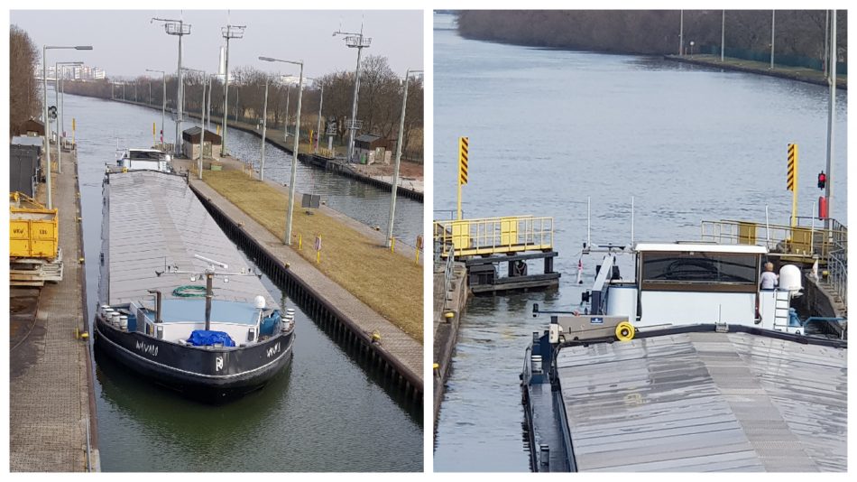 Schiff in der Schleuse Griesheim in Frankfurt am Main