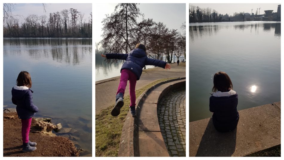 Spaziergang am Main nahe der Staustufe und Schleuse Griesheim in Frankfurt am Main