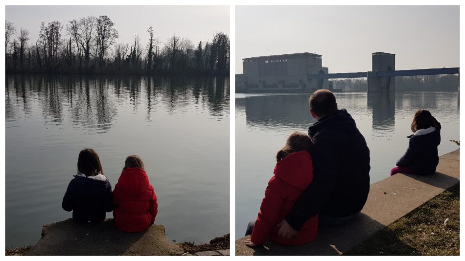 Spaziergang am Main nahe der Staustufe und Schleuse Griesheim in Frankfurt am Main